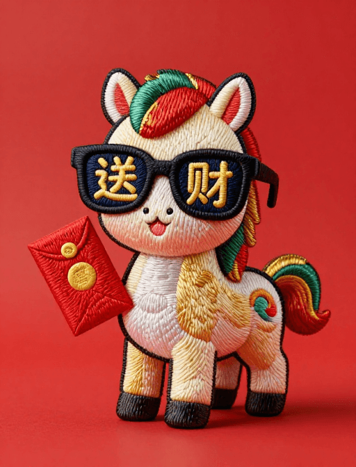 皮克斯风格素材：苏绣小马送福：新春立体刺绣皮克斯风贺卡