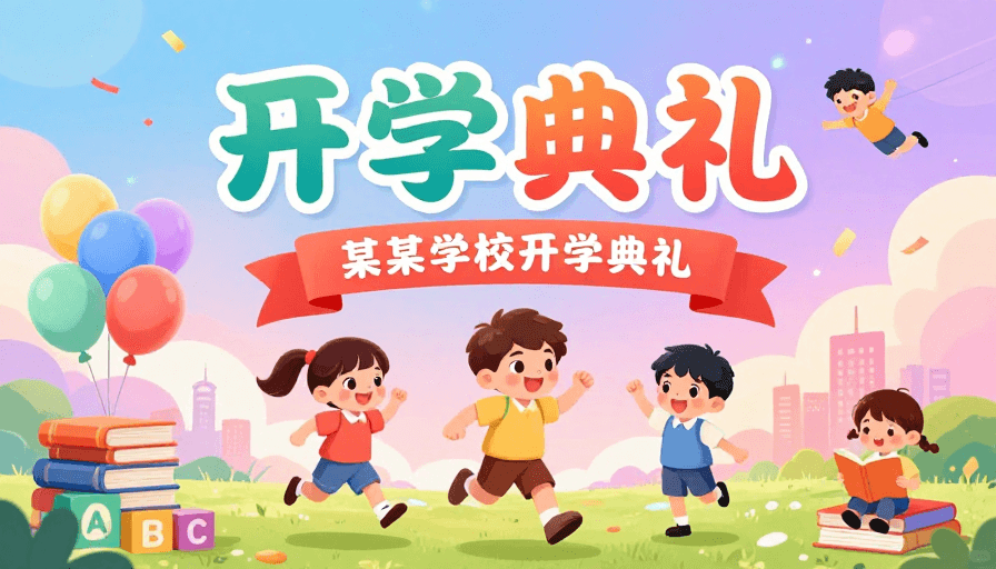 梦幻天空素材：童趣梦幻开学典礼欢乐启程插画