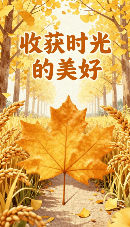 秋日丰收素材：秋日丰收之美：水彩枫叶与稻穗交织的诗意画卷
