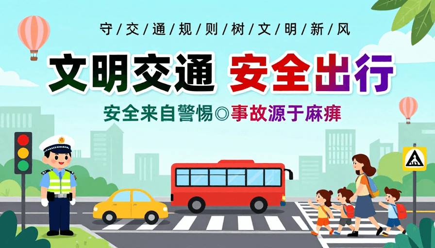 公益海报素材：卡通公益海报：文明交通与安全出行的清新提醒