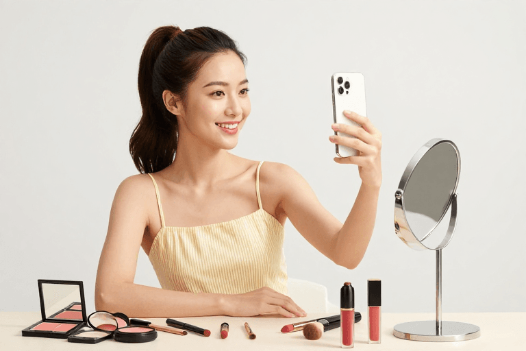 商业广告图素材：亚洲女性高马尾微笑自拍，黄白条纹背心搭配美妆产品展示