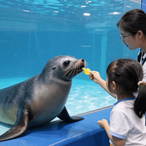 儿童活动素材：海洋馆亲子互动：孩童亲手喂食海豹