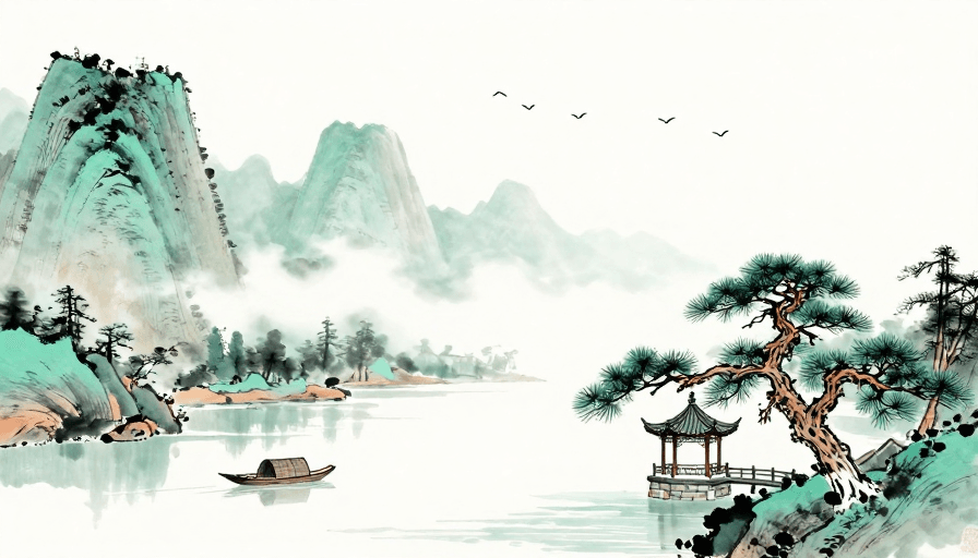 留白构图素材：青绿山水意境：水墨留白之美