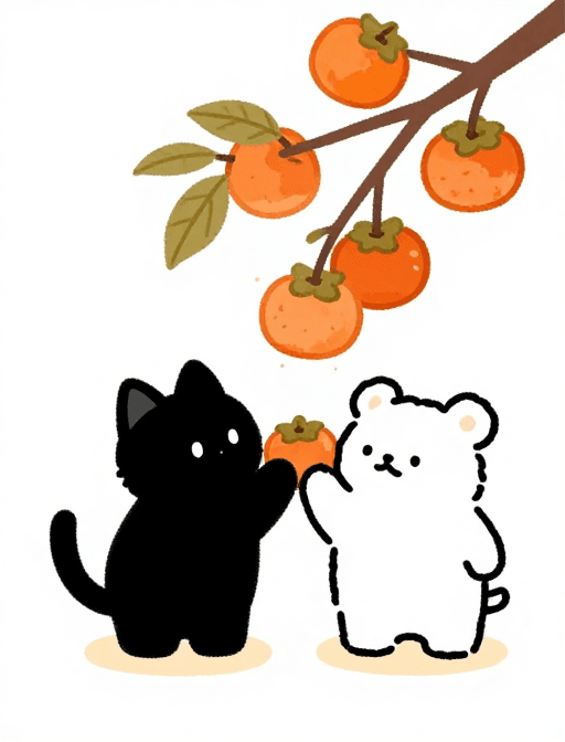 社交头像素材：治愈系简笔画：黑猫白熊摘柿子