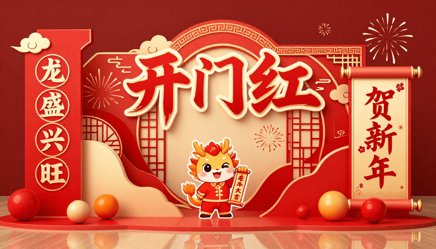 动态元素素材：2024龙年国潮立体春节展：开门红喜庆设计