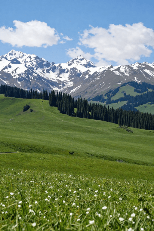 高山草甸素材：翠绿高山草甸与巍峨雪峰：自然光影的纯净画卷