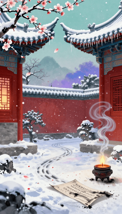 宋代院体画素材：宋韵新中式：古寺雪景与水墨意境