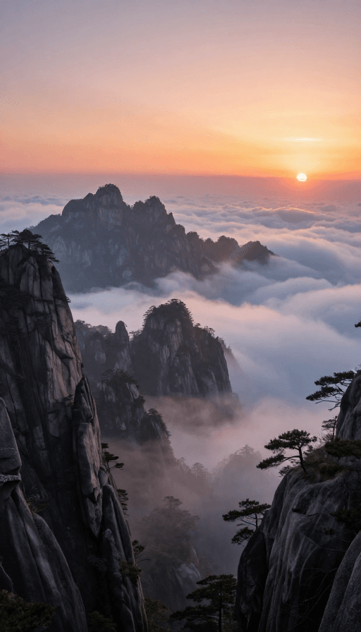 高清晰度素材：黄山日出：云海翻腾与金色奇松的壮丽晨景