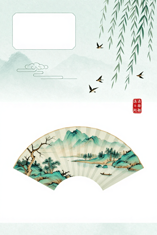 文化素材素材：水墨折扇山水：清雅意境与现代留白