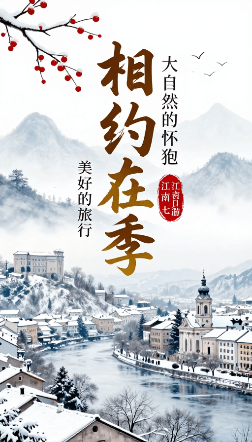 旅游海报素材：冬日秘境：水墨风欧洲雪景之旅