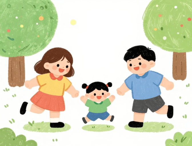 亲子时光素材：温馨手绘插画：一家三口快乐玩耍的治愈时光