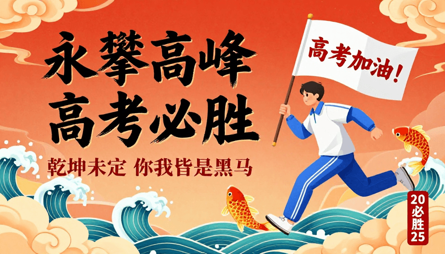 高考励志素材：橙红海韵金鲤跃龙门·中国风高考励志海报