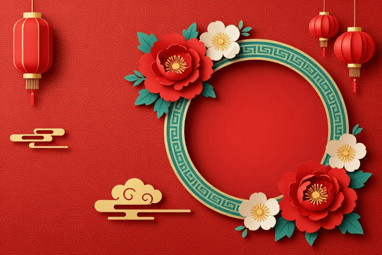 新中式插画素材：红金配色新中式春节喜庆背景：云纹花卉灯笼点缀