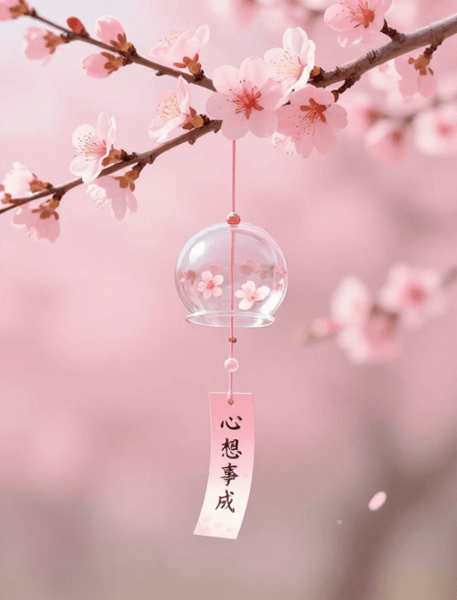 唯美素材：桃花风铃挂心愿，清新唯美插画