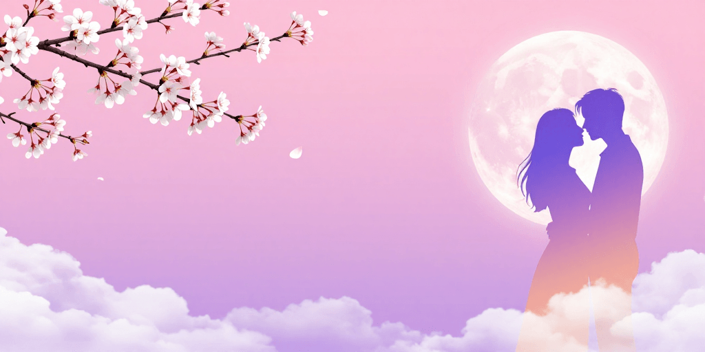 樱花元素素材：粉紫渐变樱花与情侣剪影的梦幻浪漫意境