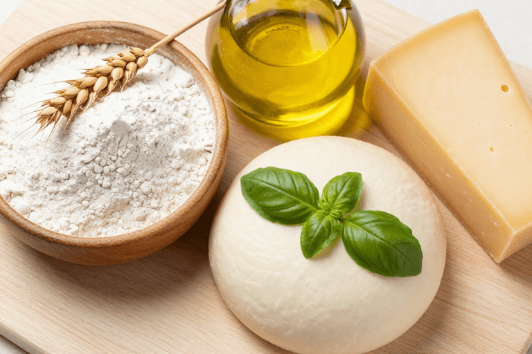 木质桌面素材：暖光下精致烘焙原料组合