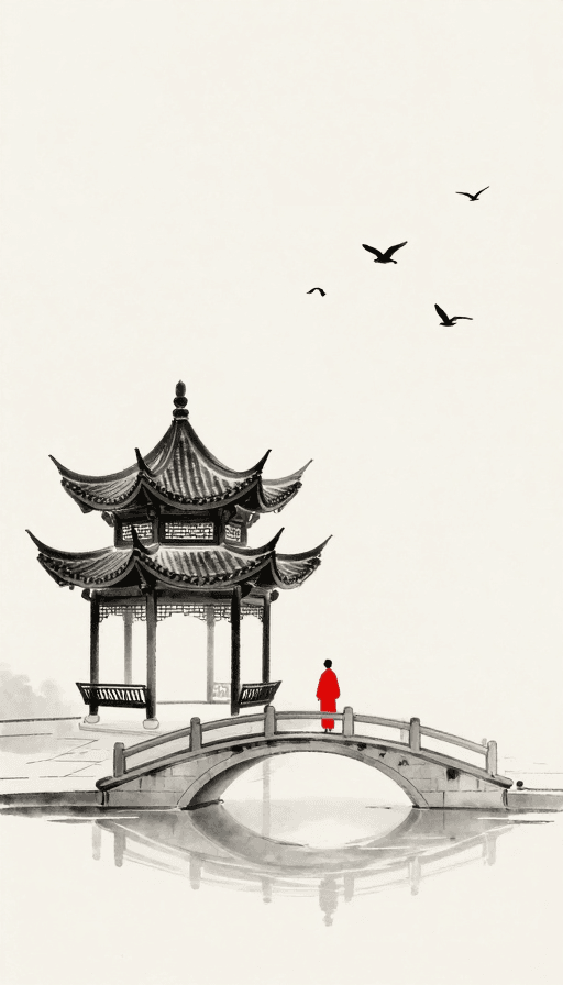 红色点缀素材：中国风极简意境：红桥飞鸟与亭台水韵