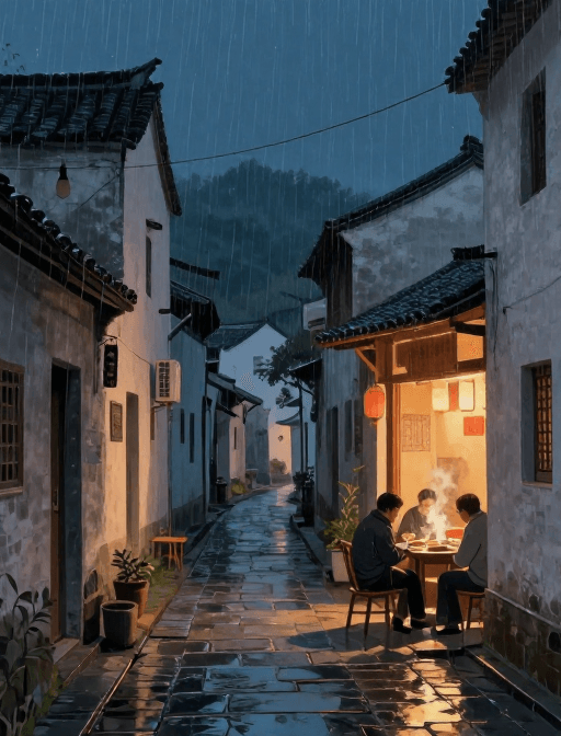 插画艺术素材：雨夜乡村转角餐桌 温馨人间烟火插画