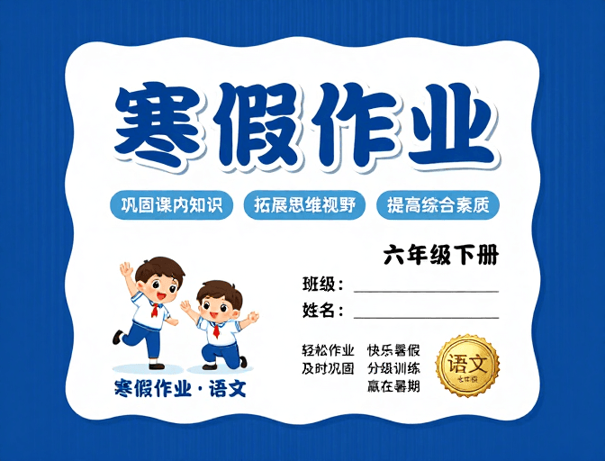 蓝色主调素材：深蓝波浪边框六年级语文寒假作业封面设计