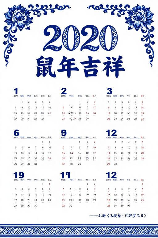 蓝白配色素材：典雅青花鼠年吉祥日历：2020新年喜庆艺术海报