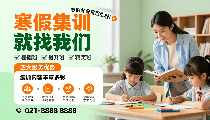 温馨插画素材：清新明亮冬日集训海报：专业教育服务助力成长