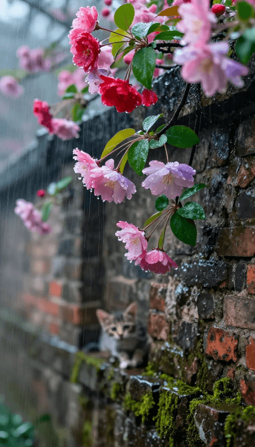 海棠花素材：雨中海棠绽放：青苔墙角的梦幻瞬间