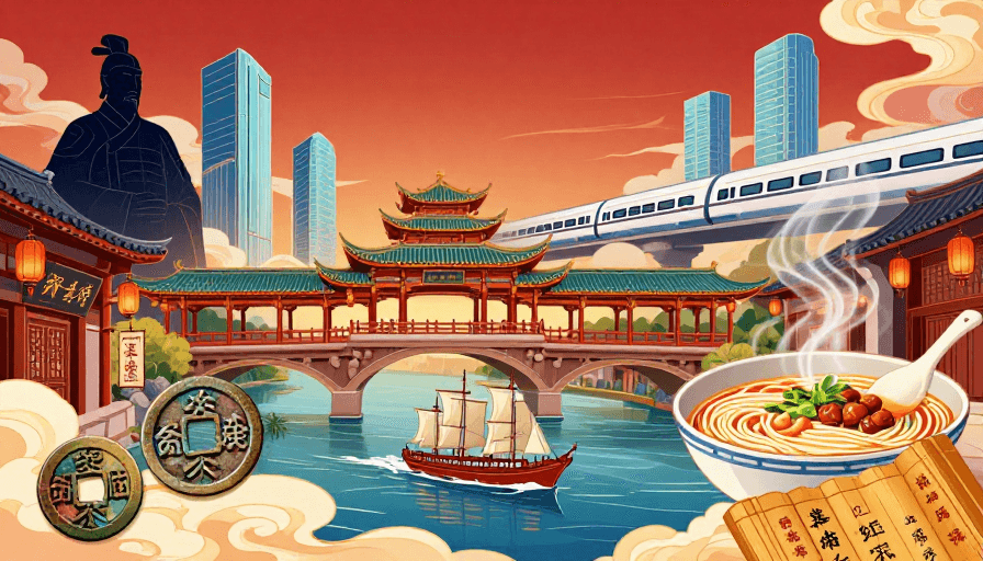 城市景观素材：新国潮古风与现代交融，秦风渭韵的时空画卷