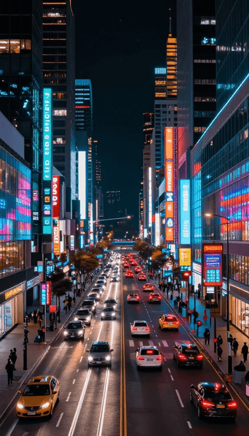 霓虹灯光素材：超写实繁华都市夜景：霓虹流光与玻璃倒影