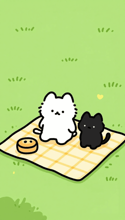 简笔画风格素材：治愈系手绘：白猫与小黑猫的温馨野餐时光