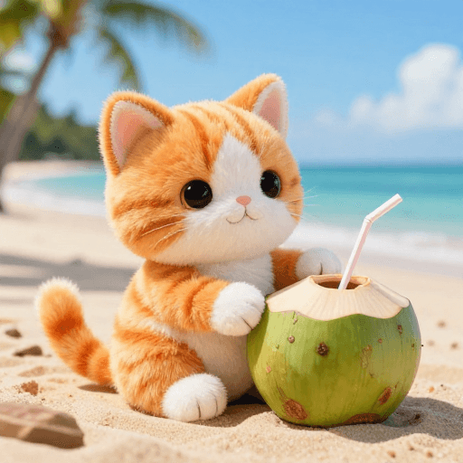 毛绒玩具素材：橘白条纹猫玩偶置身碧蓝海滩，清新夏日广告风