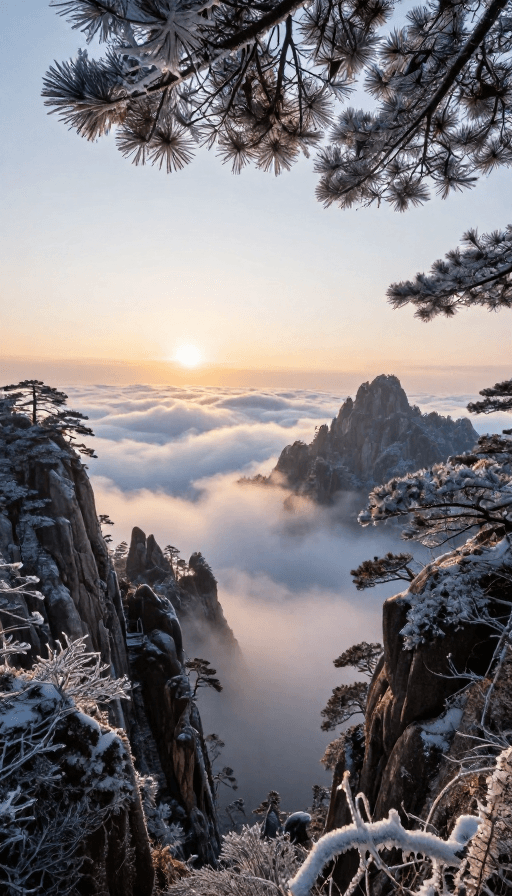 高清风景素材：黄山冬日晨辉：雪景云海中的金色日出