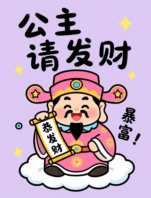 喜庆素材：Q版财神坐祥云 公主发财喜庆插画