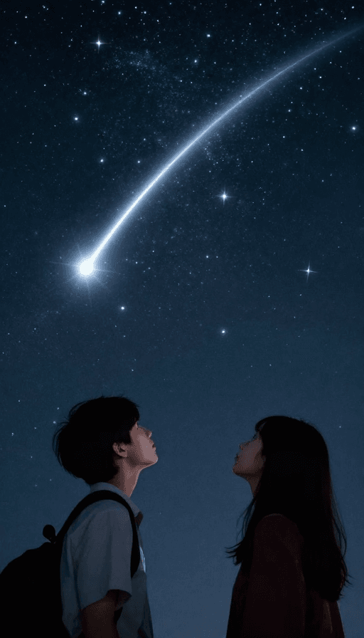 流星轨迹素材：流星划破星河夜空，少年少女仰望星空真景