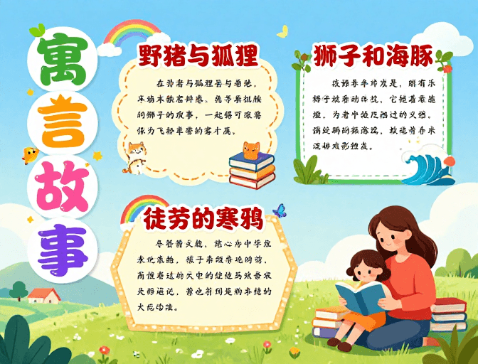 手抄报风格素材：童趣寓言故事手册：彩色插画与亲子阅读