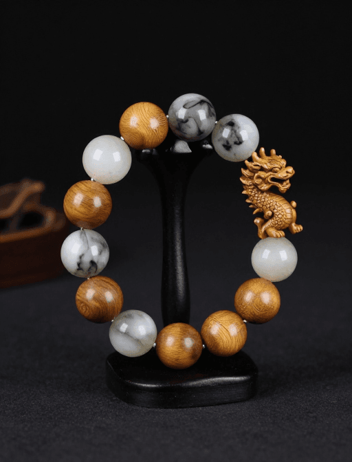 现代设计素材：数字水墨交融：金丝楠木龙形手串艺术展示