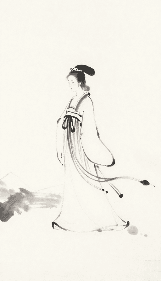流动线条素材：水墨一笔画：风中散逸的汉服佳人