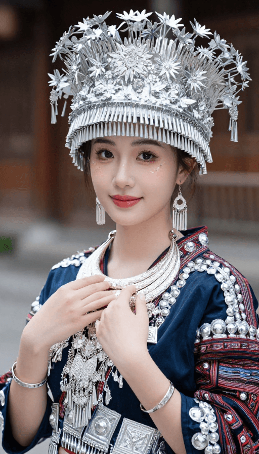 高清晰度素材：苗族少女身着传统银饰盛装，展现青春与高贵