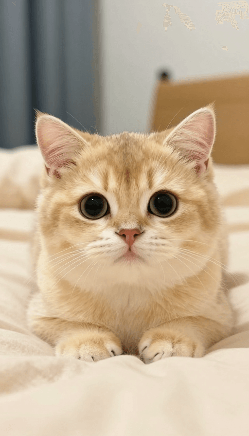 超写实摄影素材：奶黄萌猫托腮卧床，超写实可爱写真