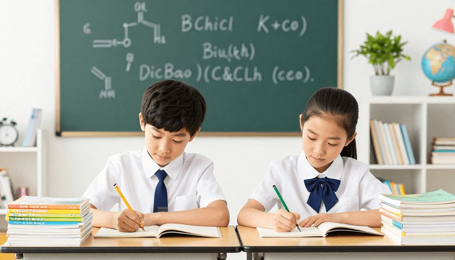 暖光摄影素材：亚洲学生穿校服专注书写，背景化学符号与书籍，教育宣传摄影