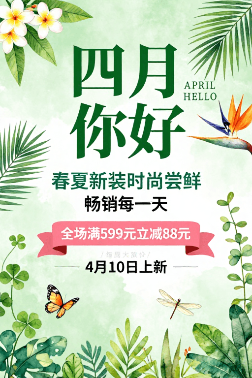 水彩风格素材：清新水彩风春季促销海报：四月你好