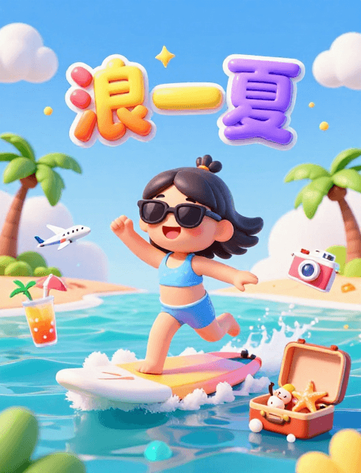 超高清渲染素材：夏日冲浪少女：3D卡通快乐瞬间