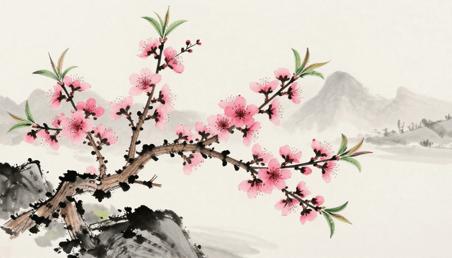 中国传统艺术素材：古韵东方：水墨桃花盛景图