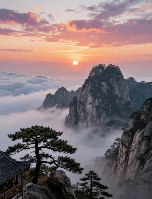 云雾素材：晨曦破晓：水墨山水意境与传统建筑之美