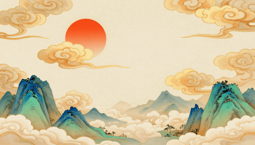 中国风背景素材：金日祥云青绿山水 宋韵宫廷中国风背景图