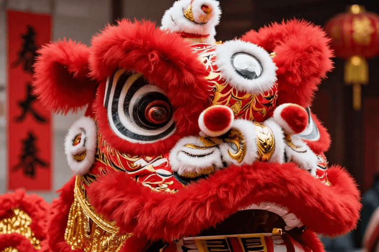春节元素素材：金红舞狮头特写：新春节庆高清摄影作品