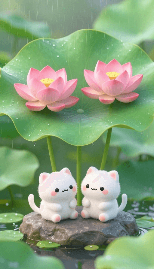 雨景特写素材：雨落荷间·萌猫静卧的治愈时刻