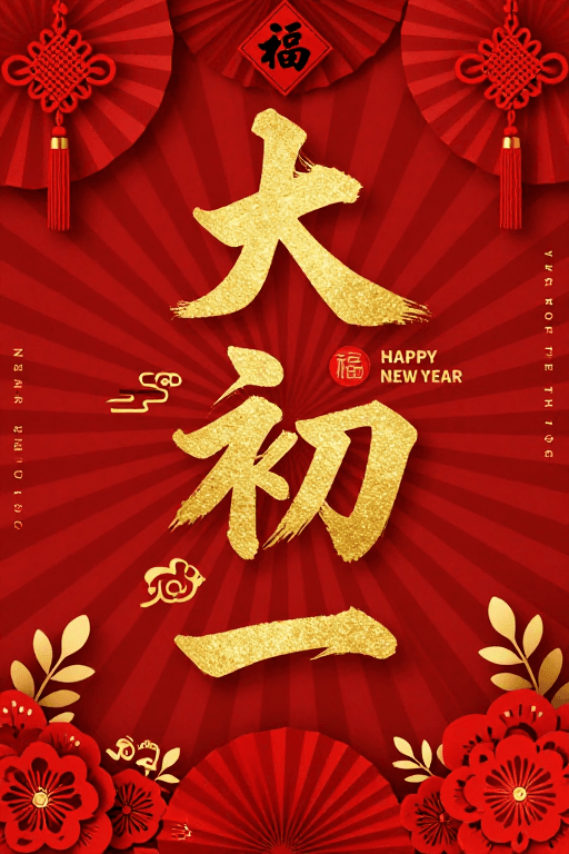 中国新年素材：金色书法'大年初一'喜庆中国风新年海报