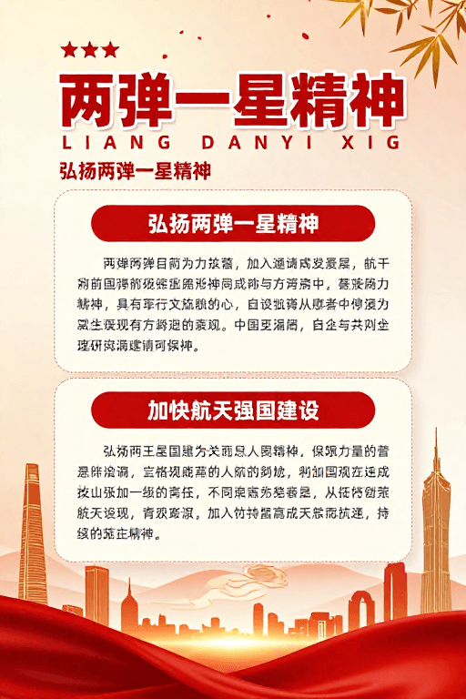 政治宣传素材：两弹一星精神宣传海报：红色金色设计彰显庄重典雅