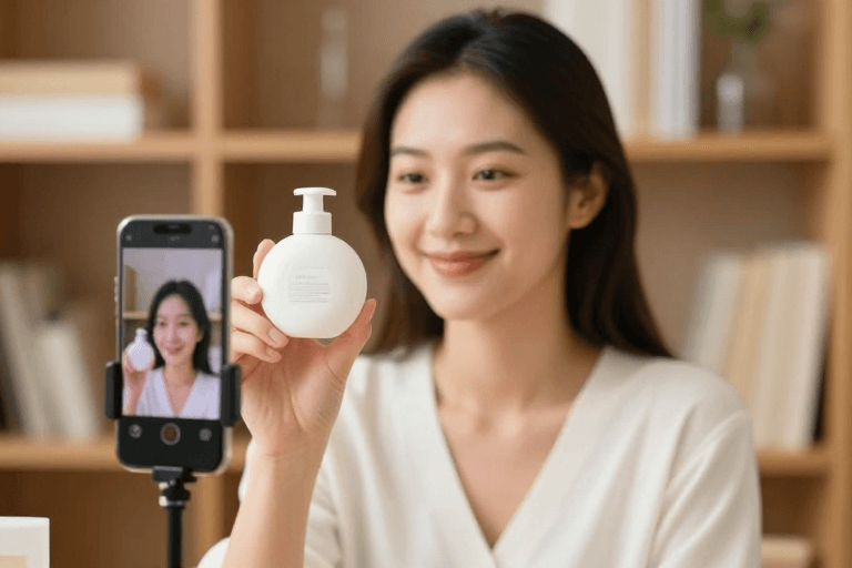 高清商业摄影素材：精致美妆直播：亚洲女性展示化妆品瓶的温馨商业场景