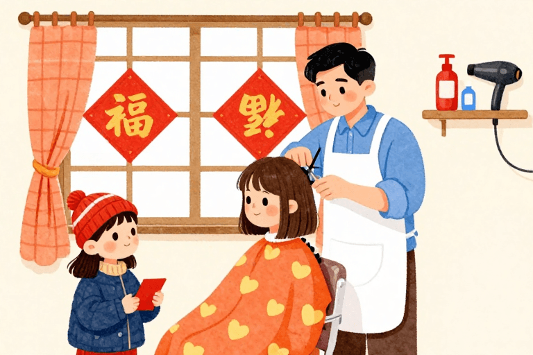 家庭温馨素材：水彩插画：温馨理发师的温柔时刻
